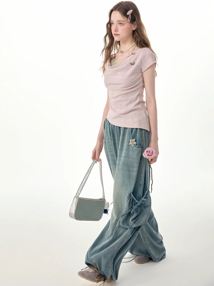 Elastic Waist Drawstring Cargo Wide Leg Jeans