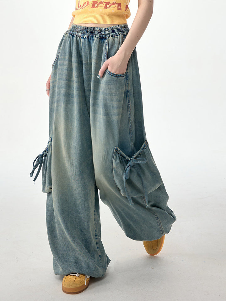 Elastic Waist Drawstring Cargo Wide Leg Jeans