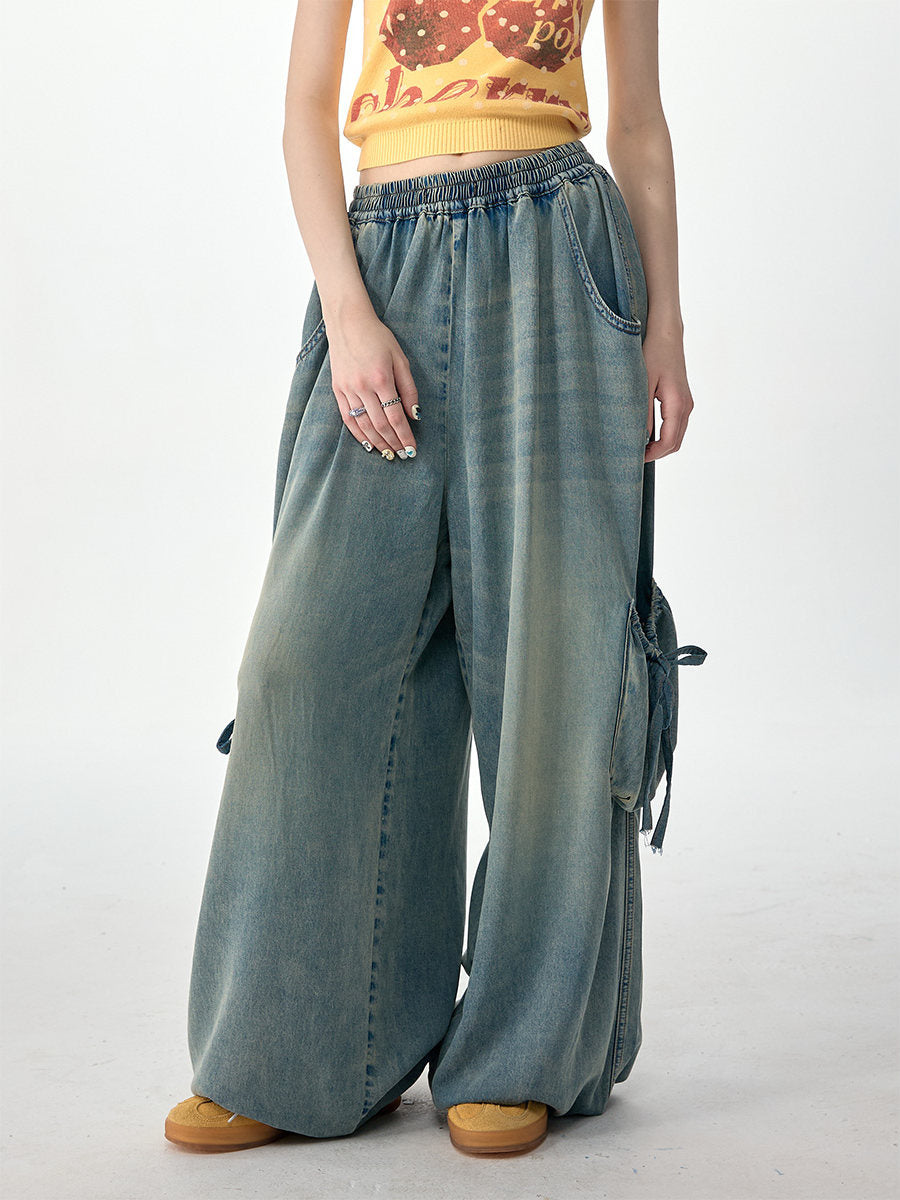Elastic Waist Drawstring Cargo Wide Leg Jeans