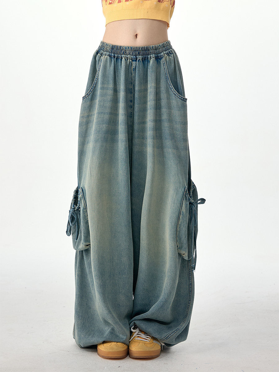 Elastic Waist Drawstring Cargo Wide Leg Jeans