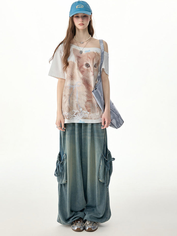 Elastic Waist Drawstring Cargo Wide Leg Jeans