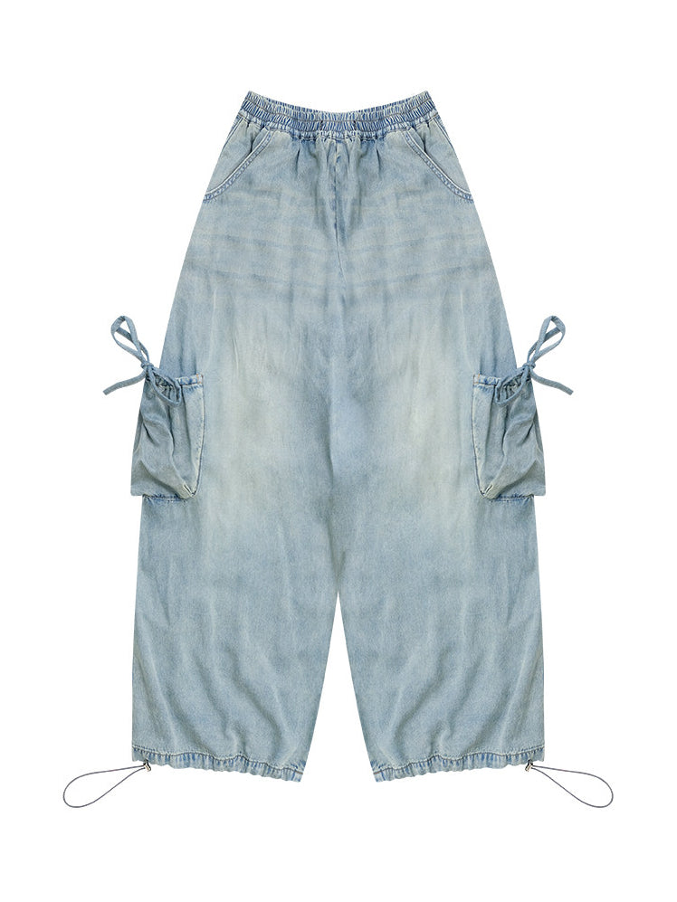 Elastic Waist Drawstring Cargo Wide Leg Jeans