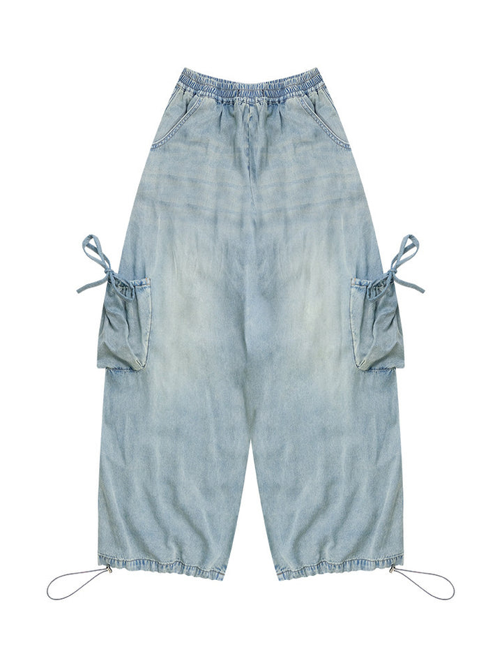 Elastic Waist Drawstring Cargo Wide Leg Jeans
