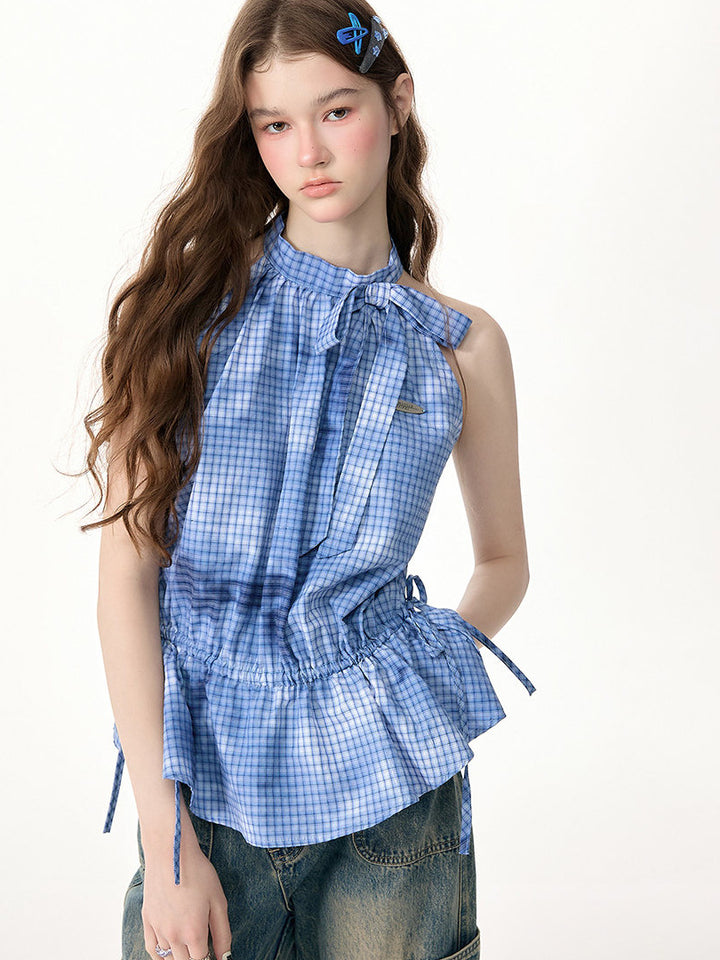 Blue Plaid Bow Peplum Halter Top