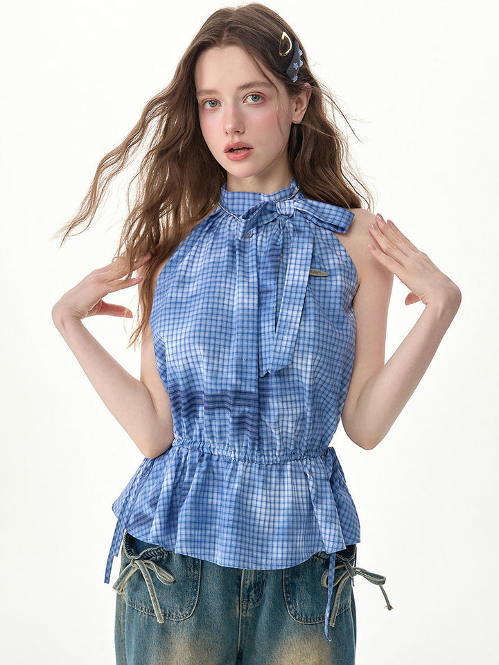 Blue Plaid Bow Peplum Halter Top