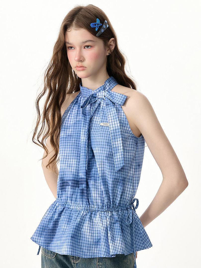 Blue Plaid Bow Peplum Halter Top
