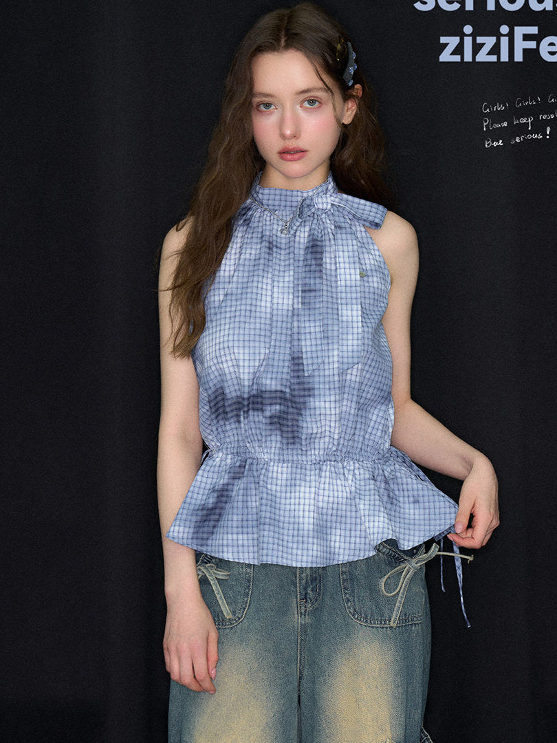 Blue Plaid Bow Peplum Halter Top