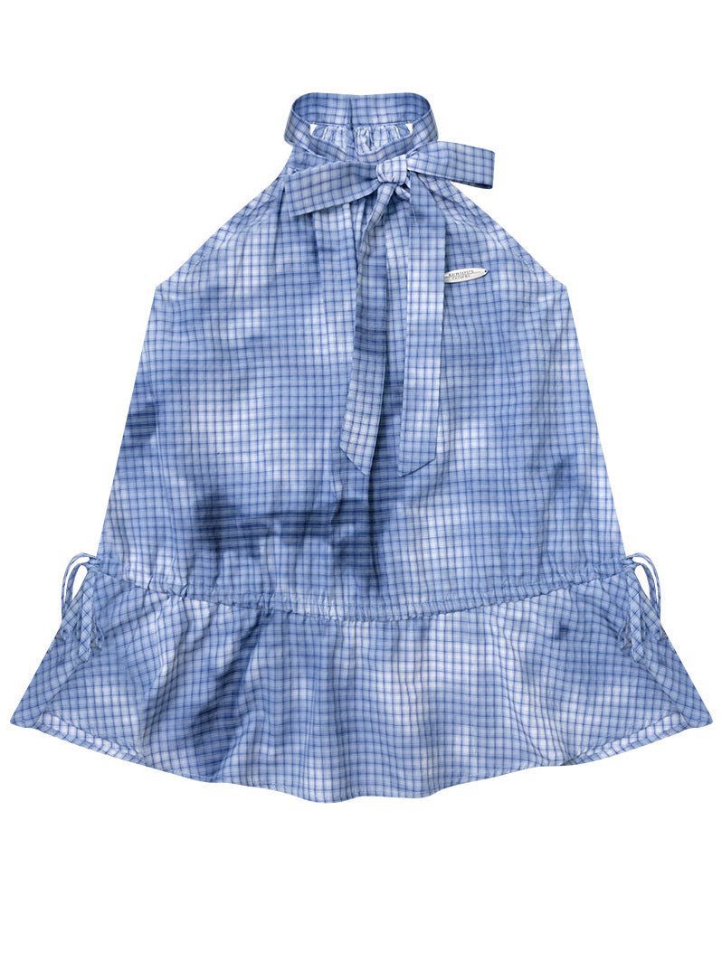 Blue Plaid Bow Peplum Halter Top