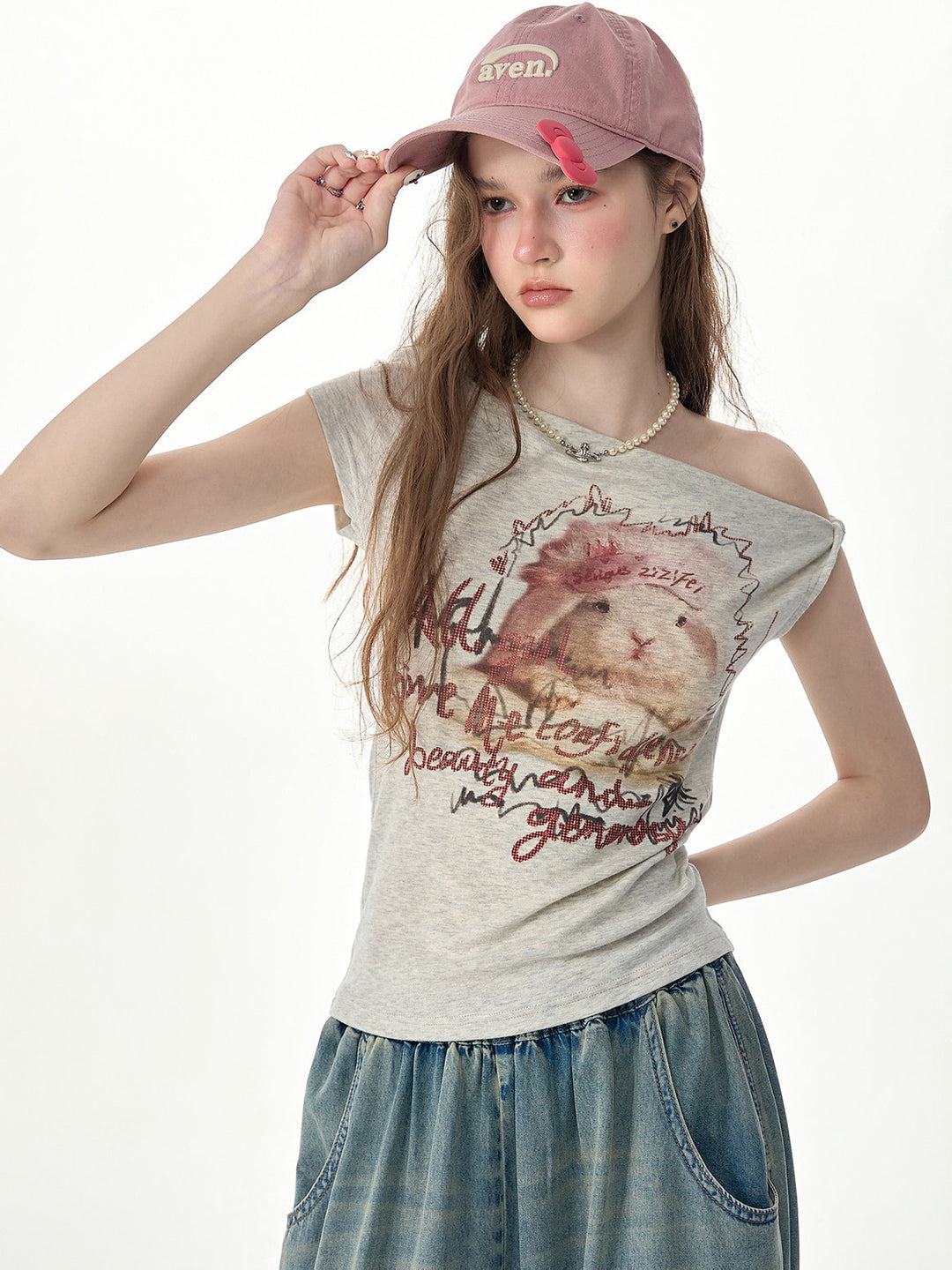 Rabbit Graphic Off-Shoulder T-Shirt