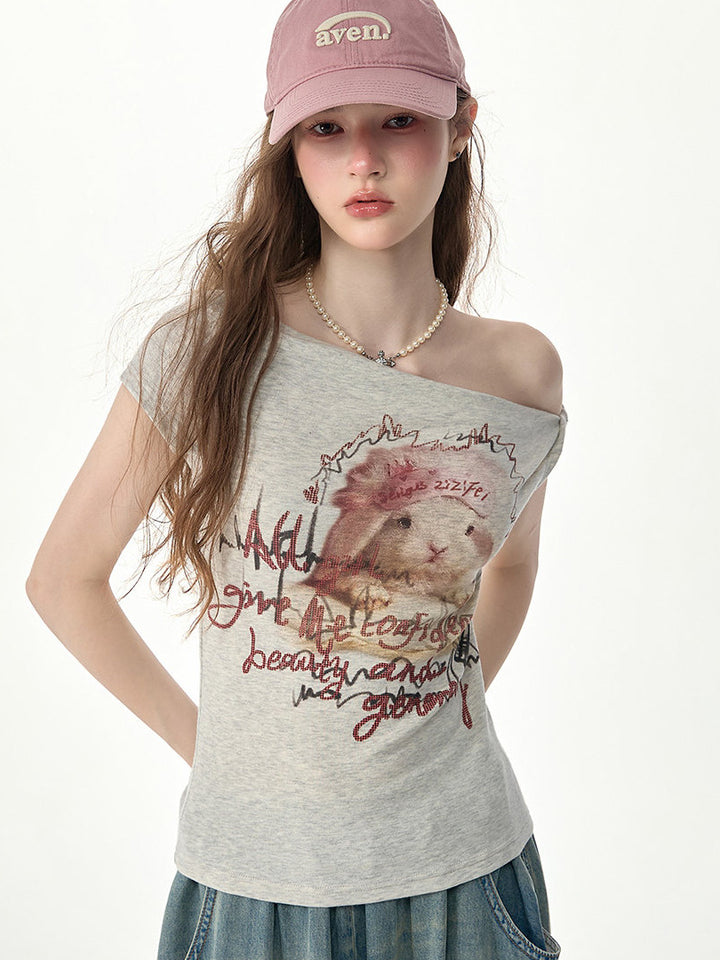 Rabbit Graphic Off-Shoulder T-Shirt