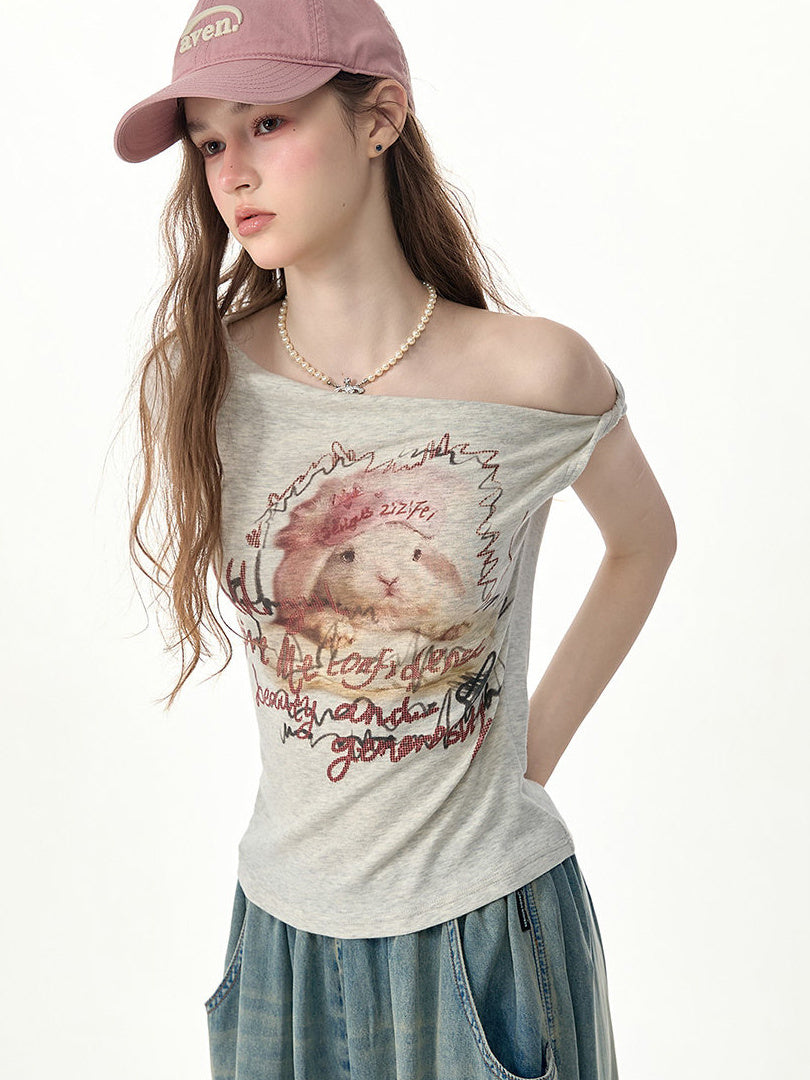 Rabbit Graphic Off-Shoulder T-Shirt