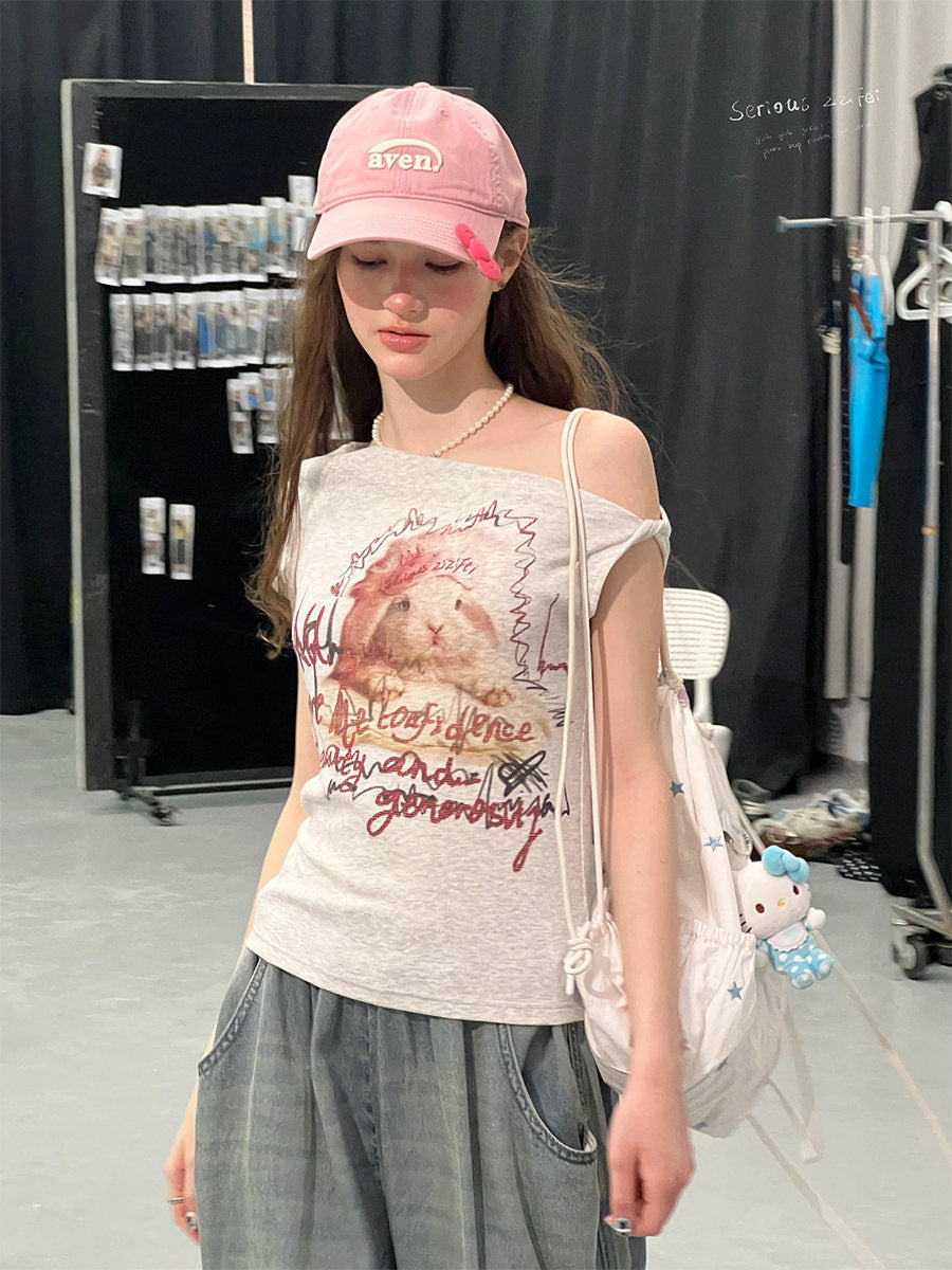Rabbit Graphic Off-Shoulder T-Shirt