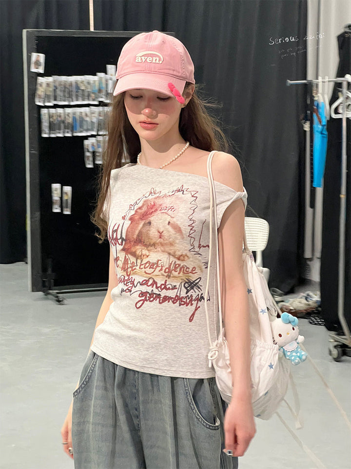 Rabbit Graphic Off-Shoulder T-Shirt
