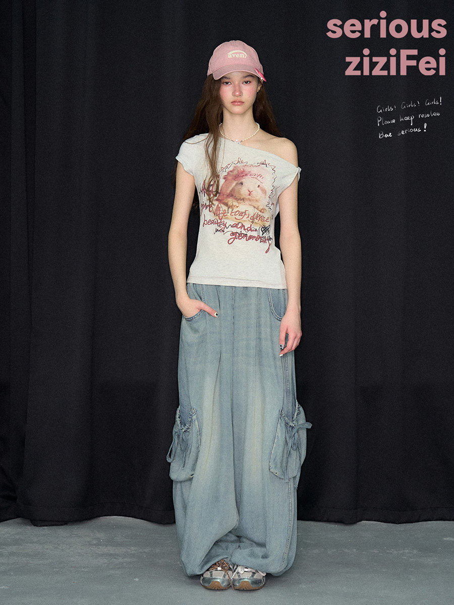 Rabbit Graphic Off-Shoulder T-Shirt