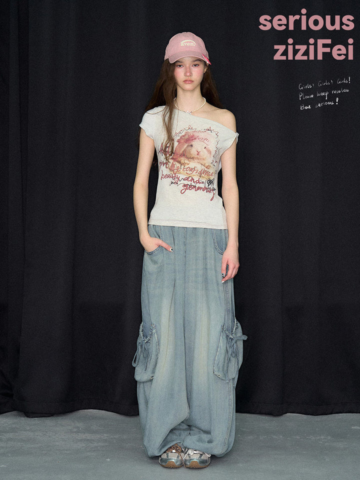 Rabbit Graphic Off-Shoulder T-Shirt