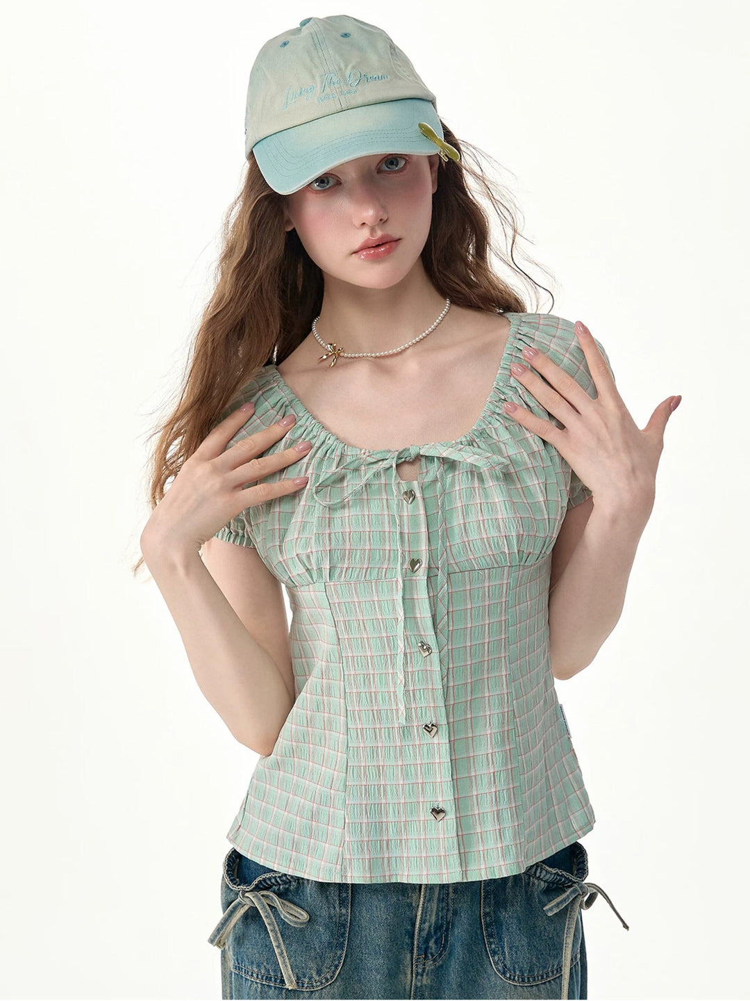 Green Plaid Bow Blouse