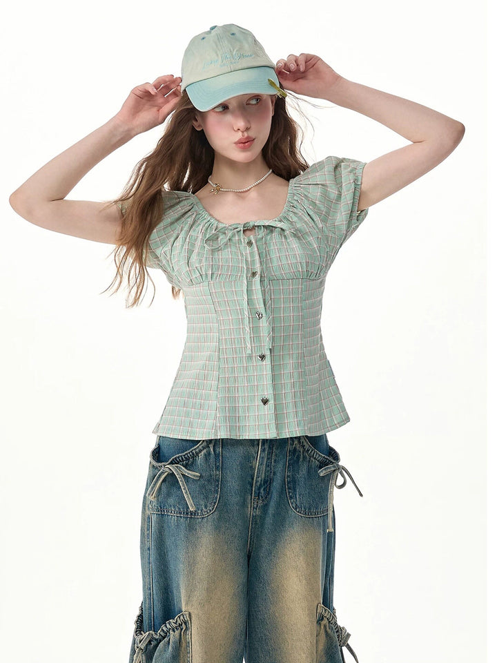 Green Plaid Bow Blouse