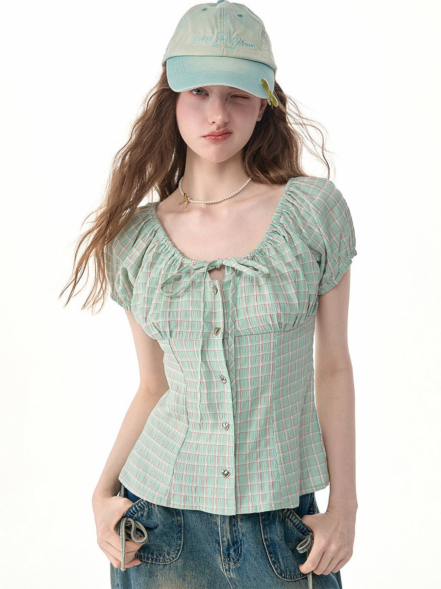 Green Plaid Bow Blouse