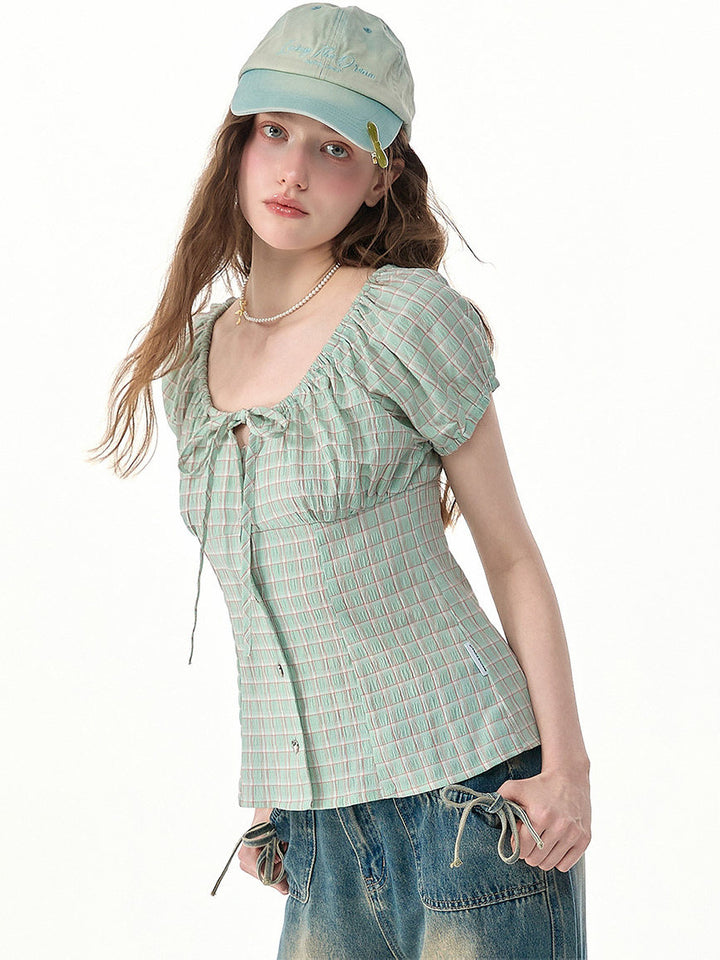 Green Plaid Bow Blouse