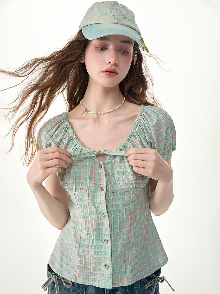 Green Plaid Bow Blouse