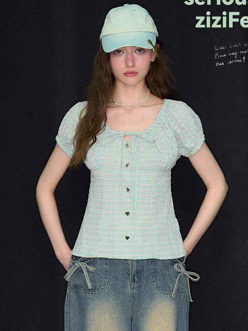Green Plaid Bow Blouse