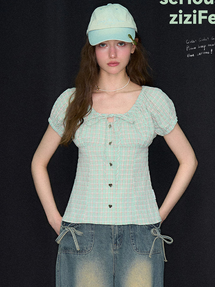 Green Plaid Bow Blouse