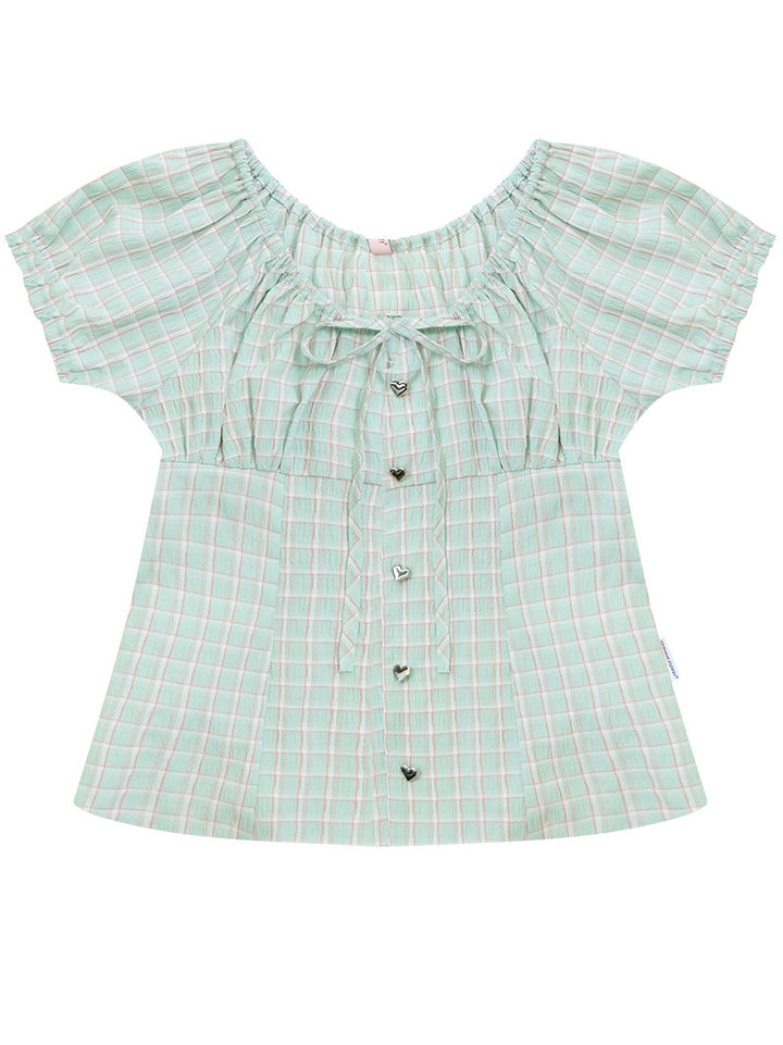 Green Plaid Bow Blouse
