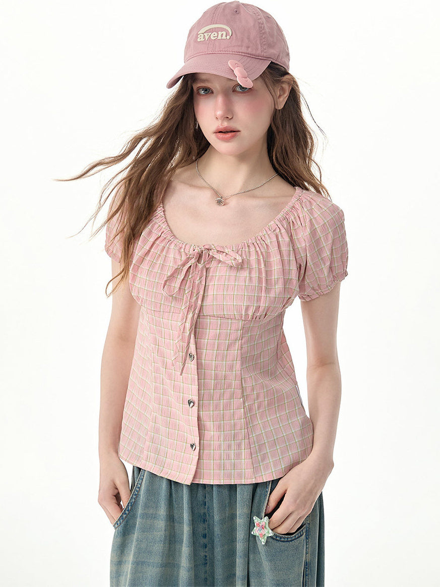 Pink Plaid Bow Puff Sleeve Blouse