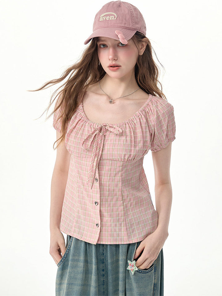 Pink Plaid Bow Puff Sleeve Blouse