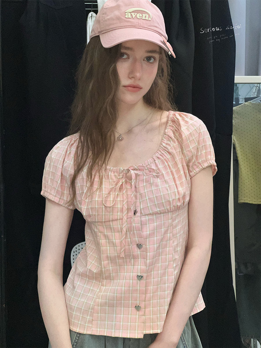 Pink Plaid Bow Puff Sleeve Blouse