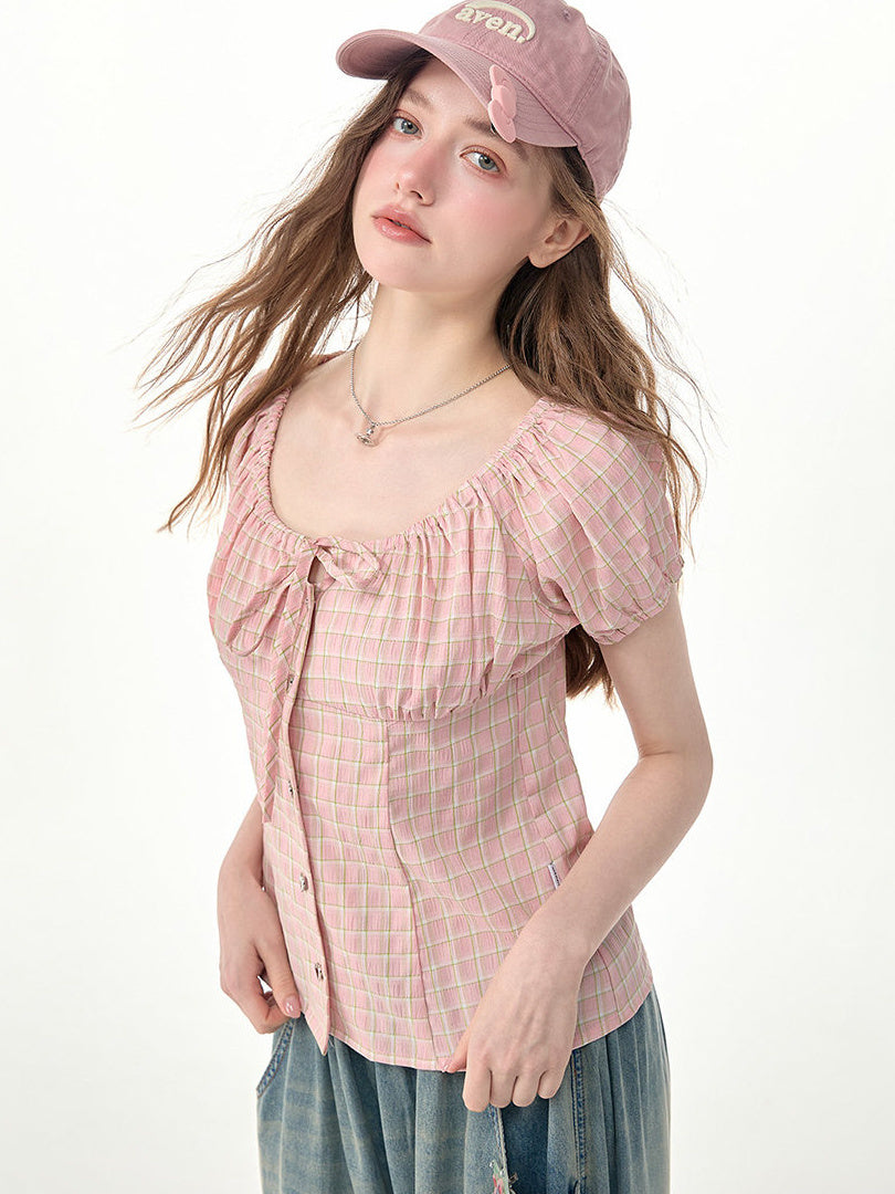 Pink Plaid Bow Puff Sleeve Blouse