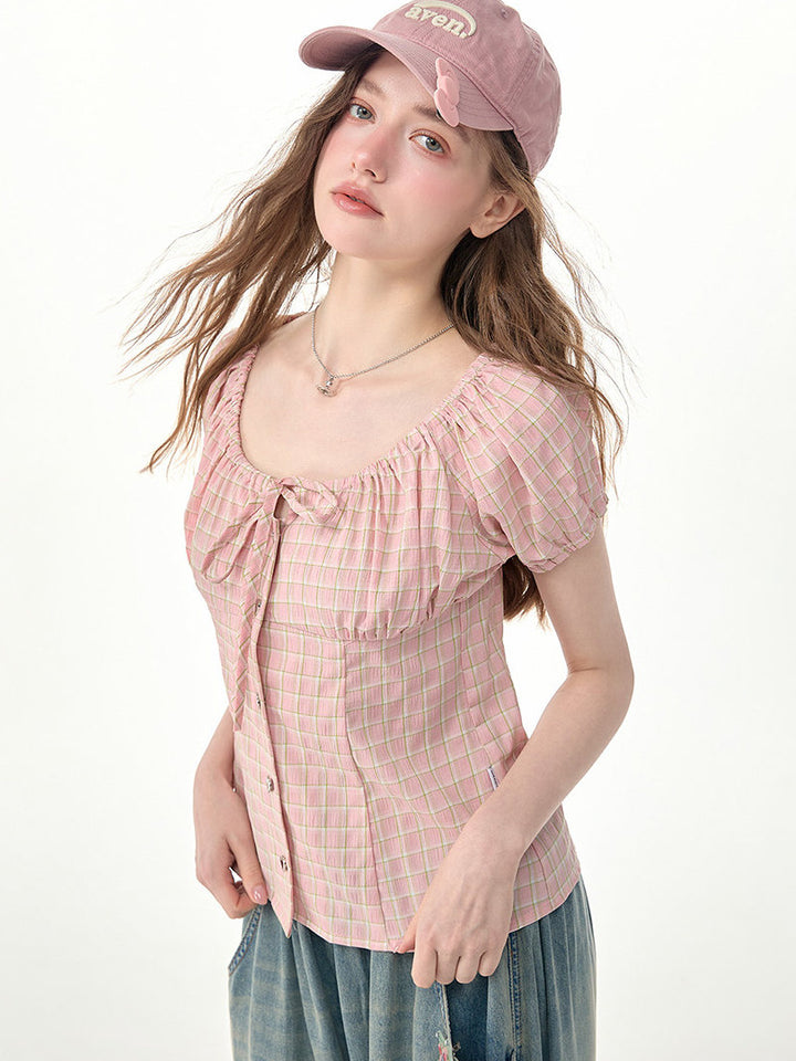 Pink Plaid Bow Puff Sleeve Blouse