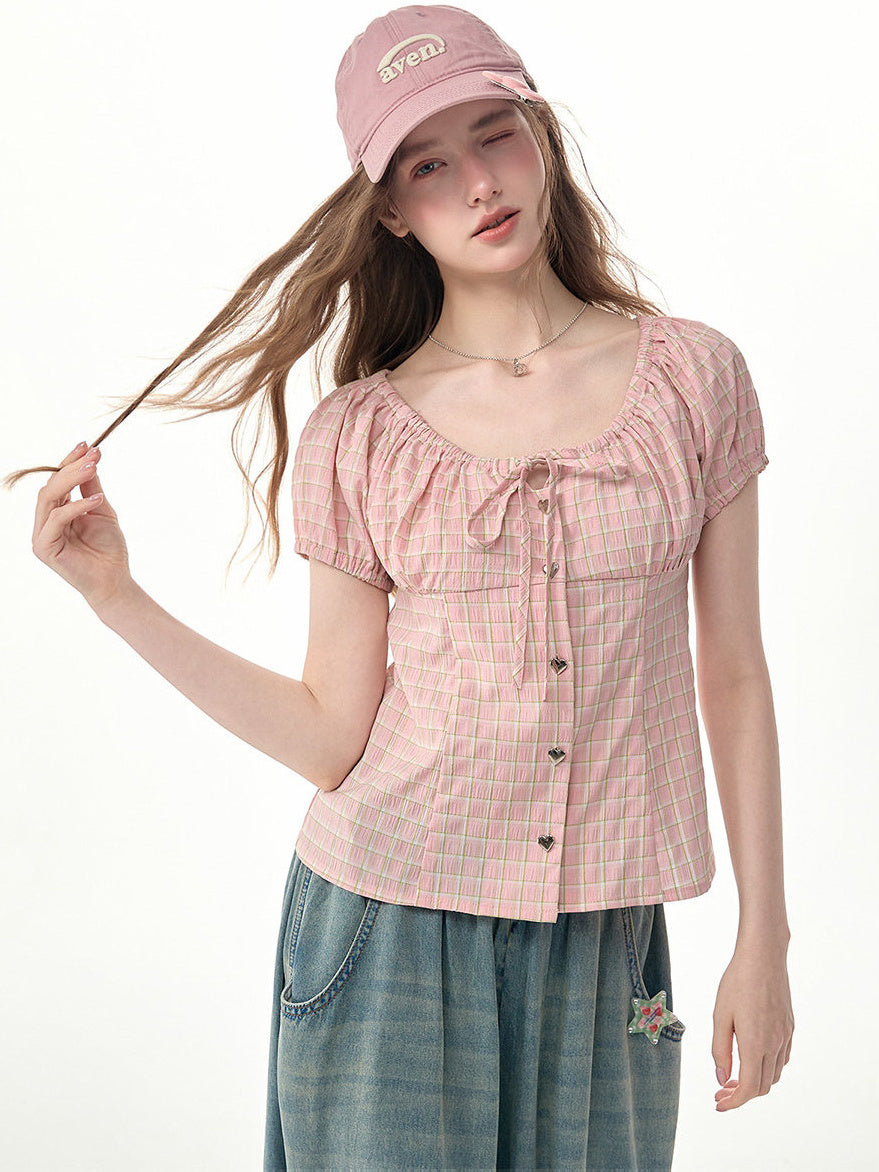 Pink Plaid Bow Puff Sleeve Blouse