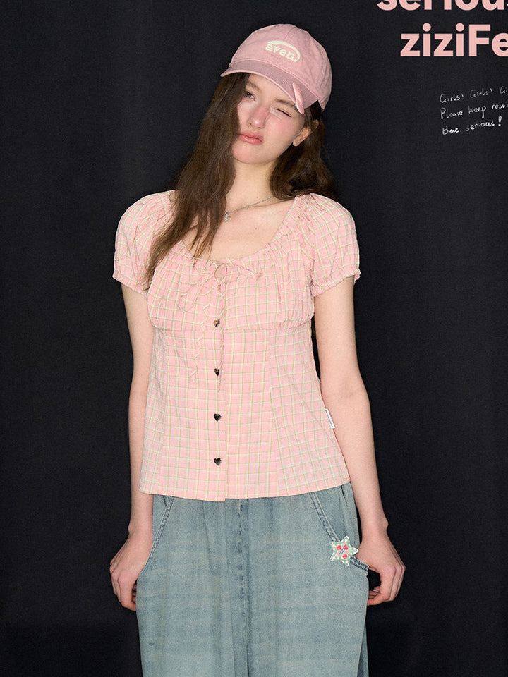 Pink Plaid Bow Puff Sleeve Blouse