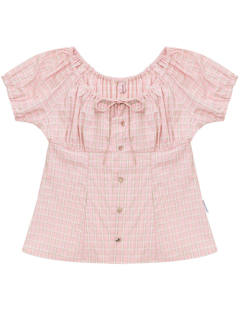 Pink Plaid Bow Puff Sleeve Blouse