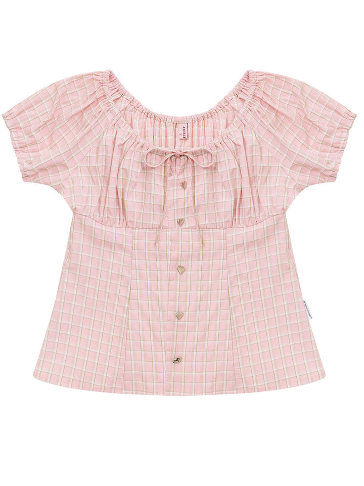 Pink Plaid Bow Puff Sleeve Blouse