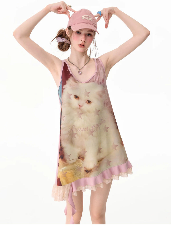 Y2K Cat Graphic Asymmetric Mini Dress