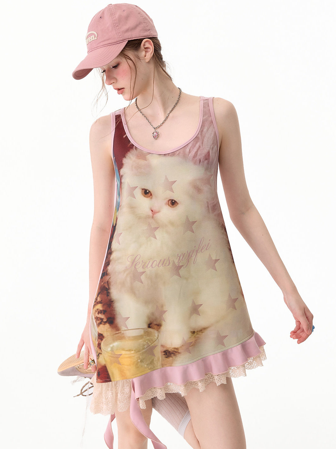 Y2K Cat Graphic Asymmetric Mini Dress
