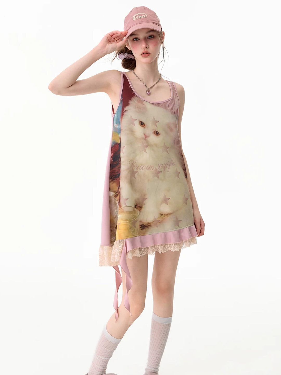 Y2K Cat Graphic Asymmetric Mini Dress