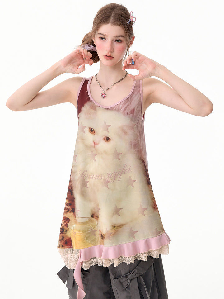 Y2K Cat Graphic Asymmetric Mini Dress