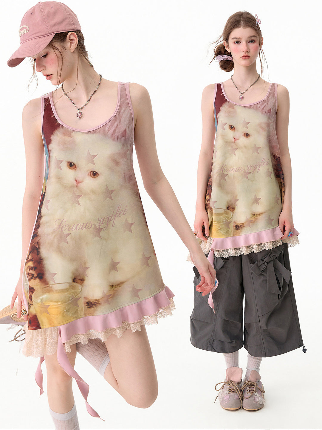 Y2K Cat Graphic Asymmetric Mini Dress