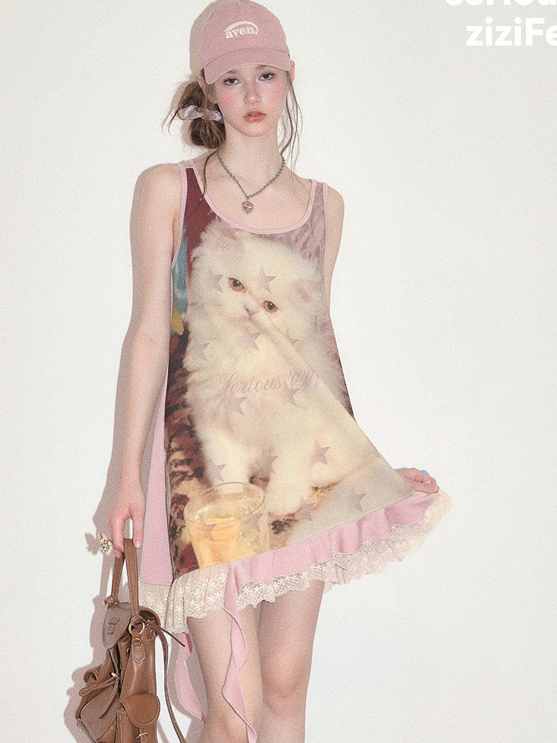 Y2K Cat Graphic Asymmetric Mini Dress