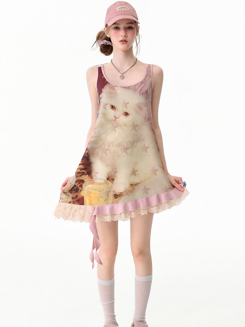 Y2K Cat Graphic Asymmetric Mini Dress