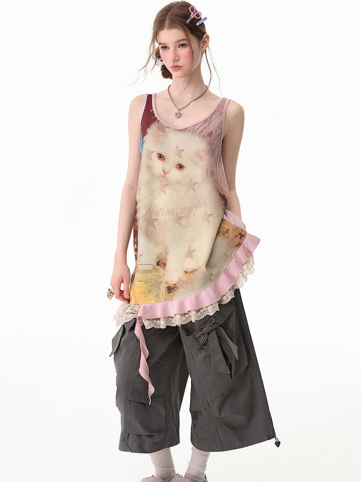Y2K Cat Graphic Asymmetric Mini Dress