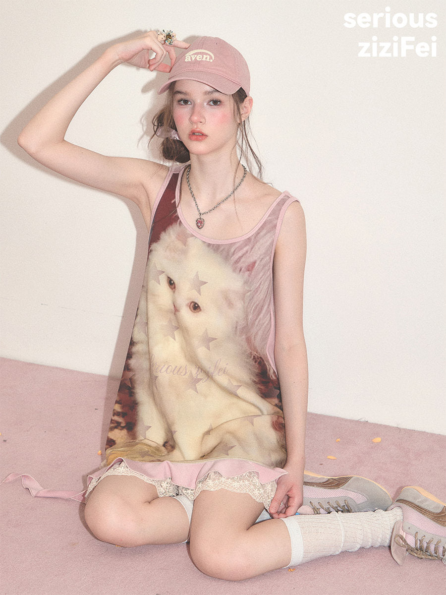 Y2K Cat Graphic Asymmetric Mini Dress