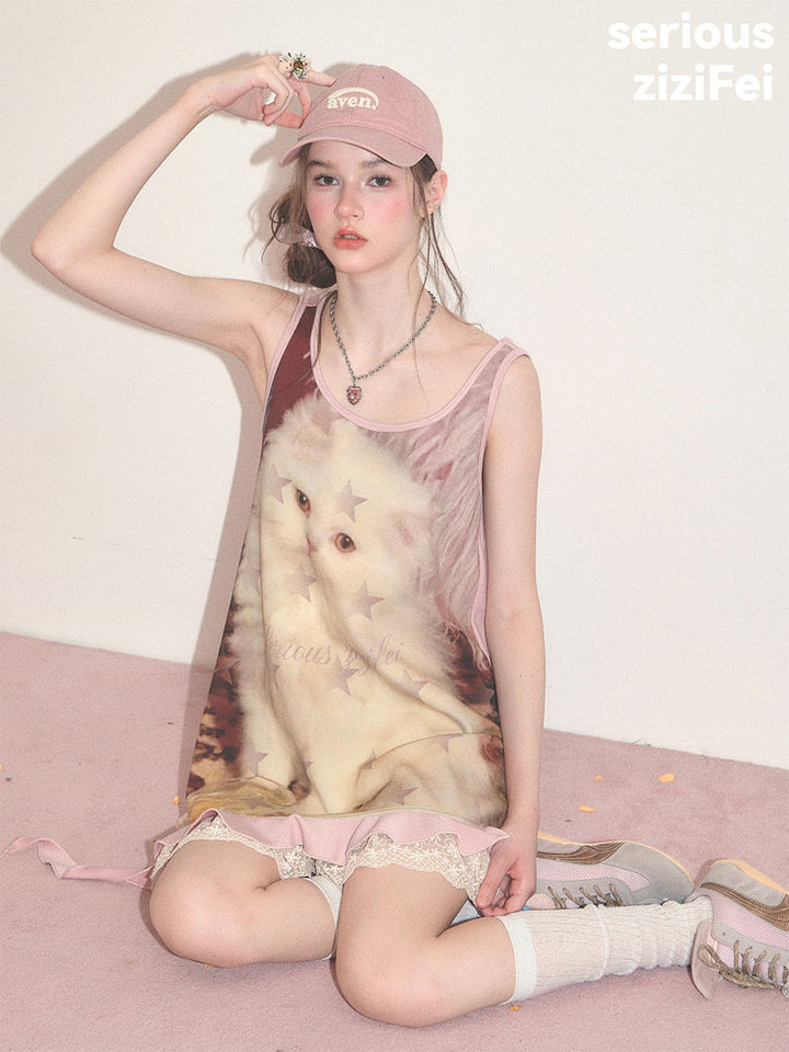 Y2K Cat Graphic Asymmetric Mini Dress