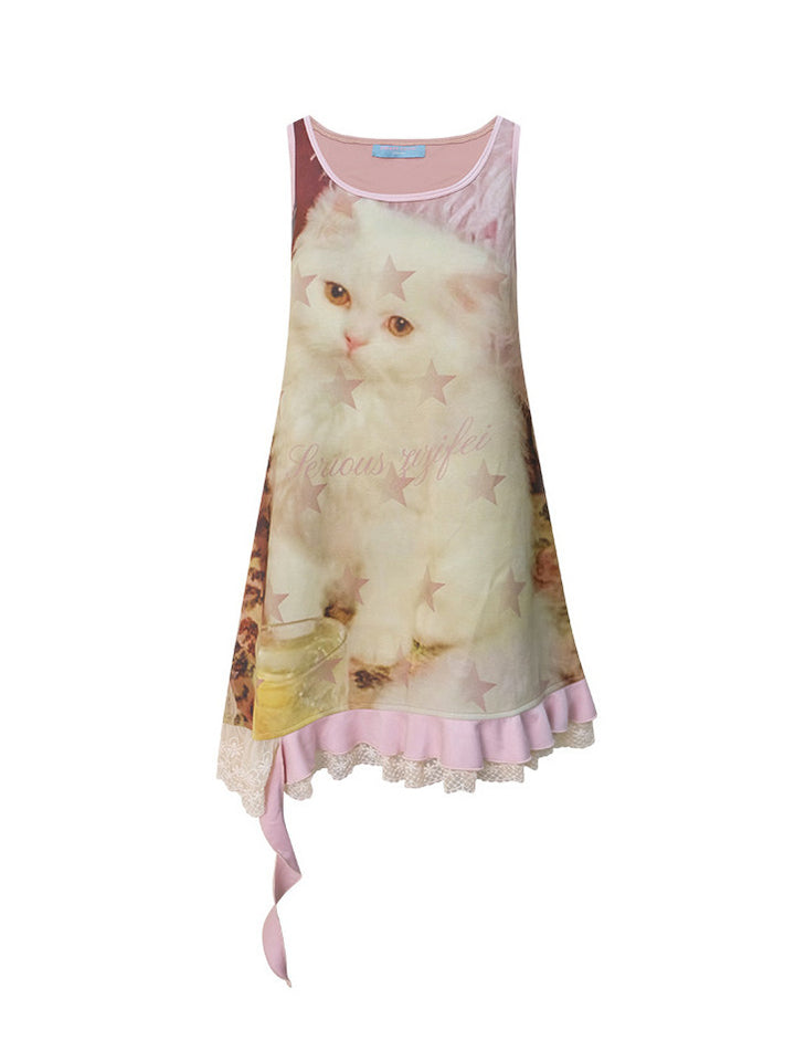 Y2K Cat Graphic Asymmetric Mini Dress