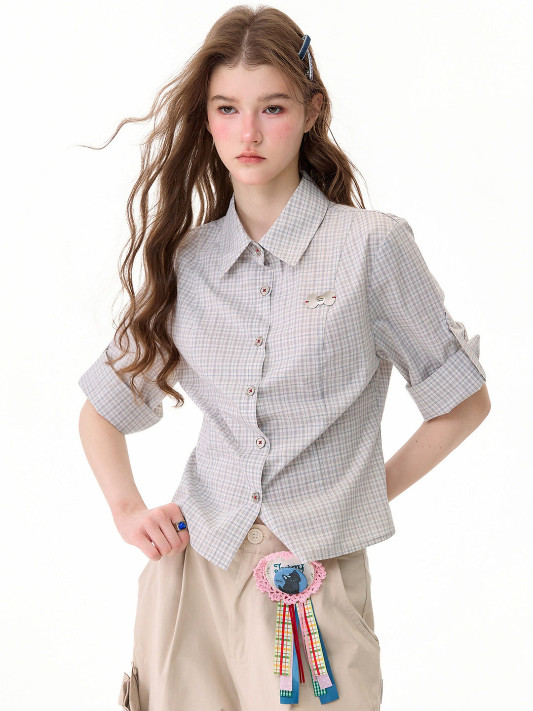 Preppy Gray Plaid Fitted Shirt