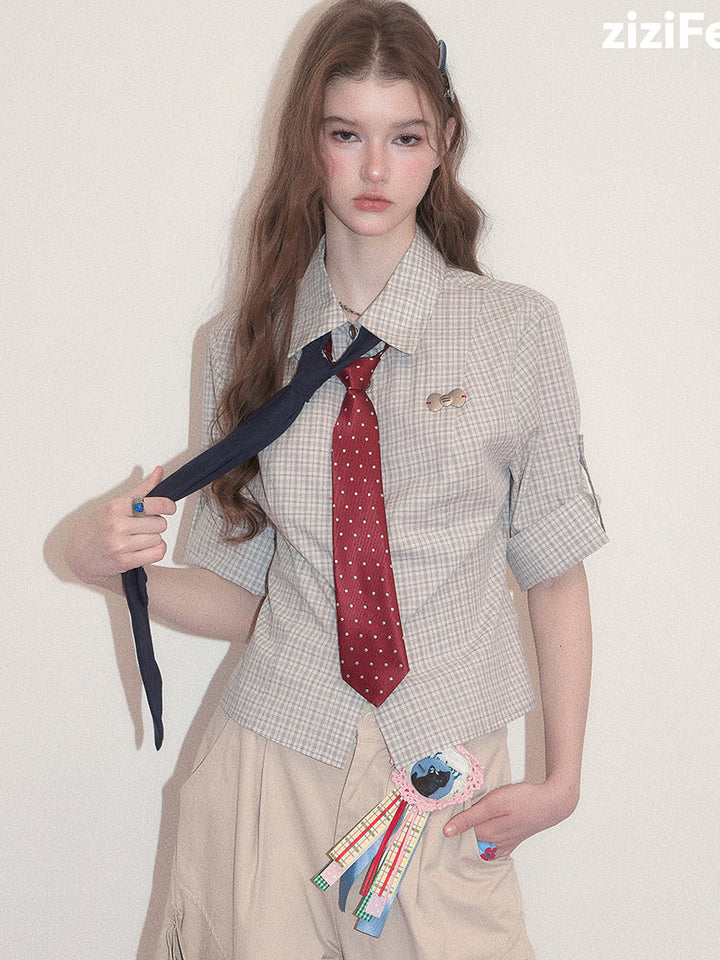 Preppy Gray Plaid Fitted Shirt