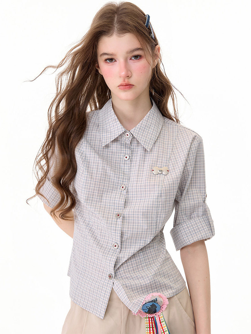Preppy Gray Plaid Fitted Shirt